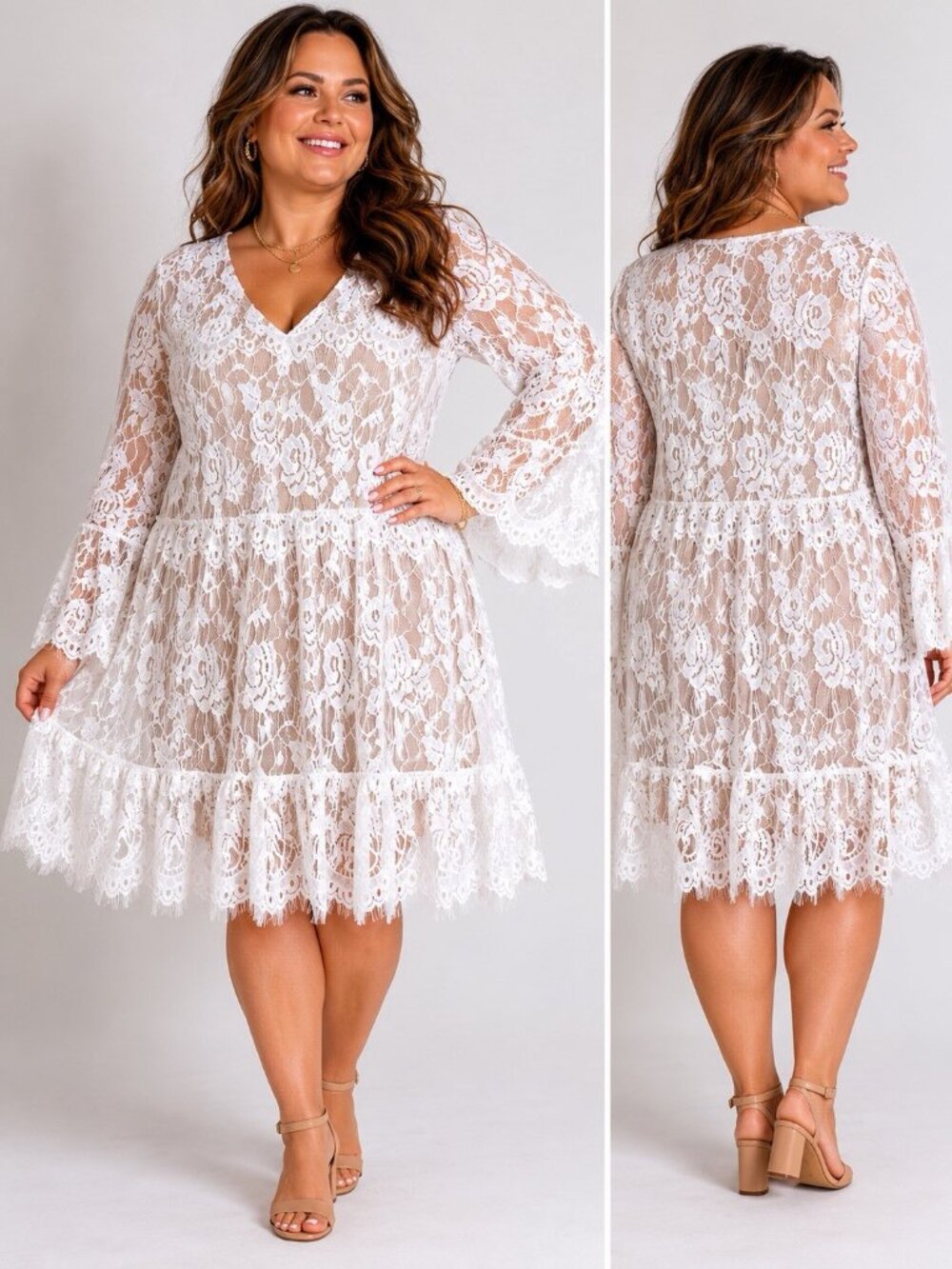 Southern Fried Chics 3XL Flare Bell Sleeve Lace Mini Floral Dress White Tan NWT